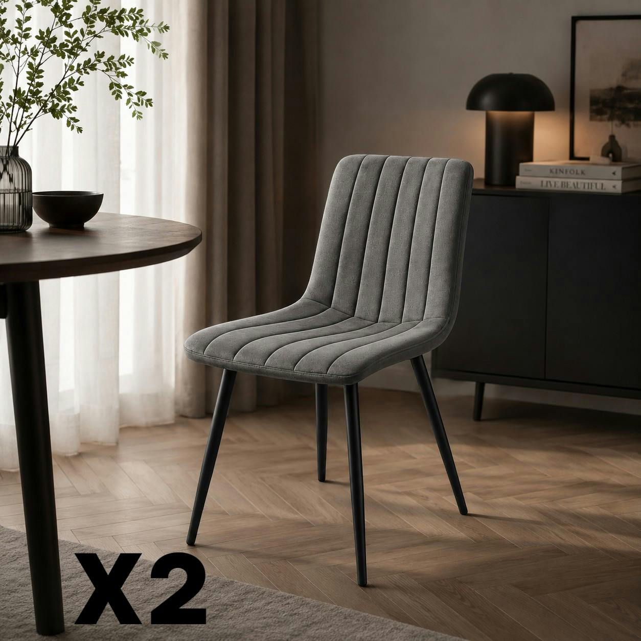 Chaise tissu gris foncé à coutures verticales (x2) LORA