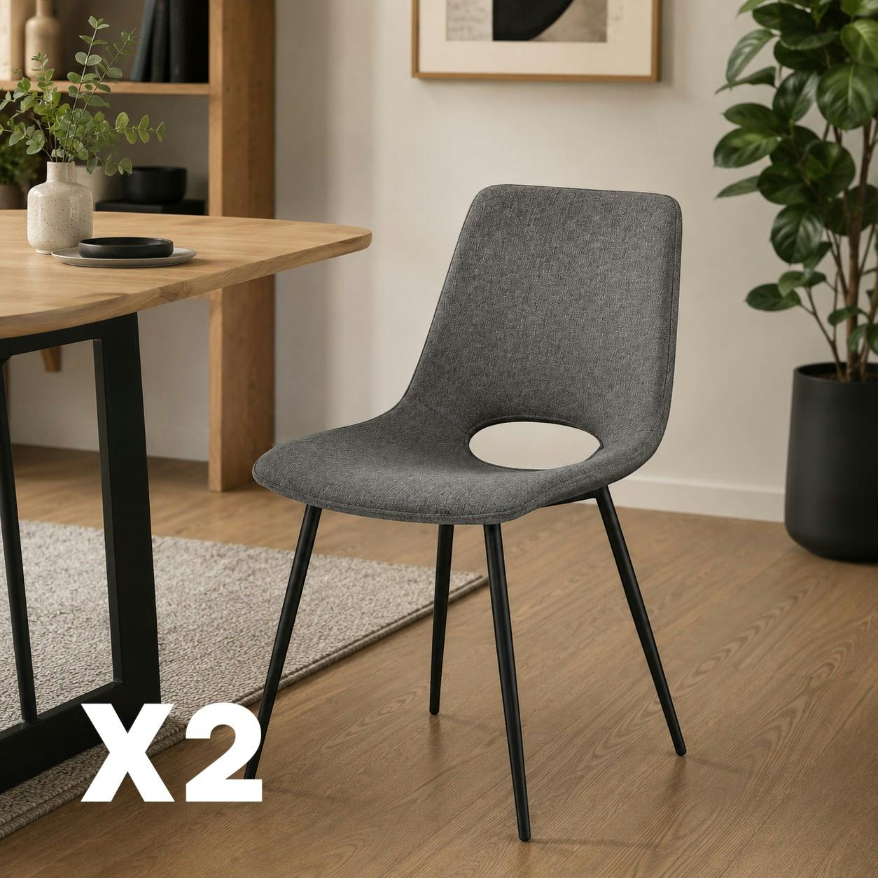 Chaise tissu gris foncé à dossier ouvert (lot de 2) LORA