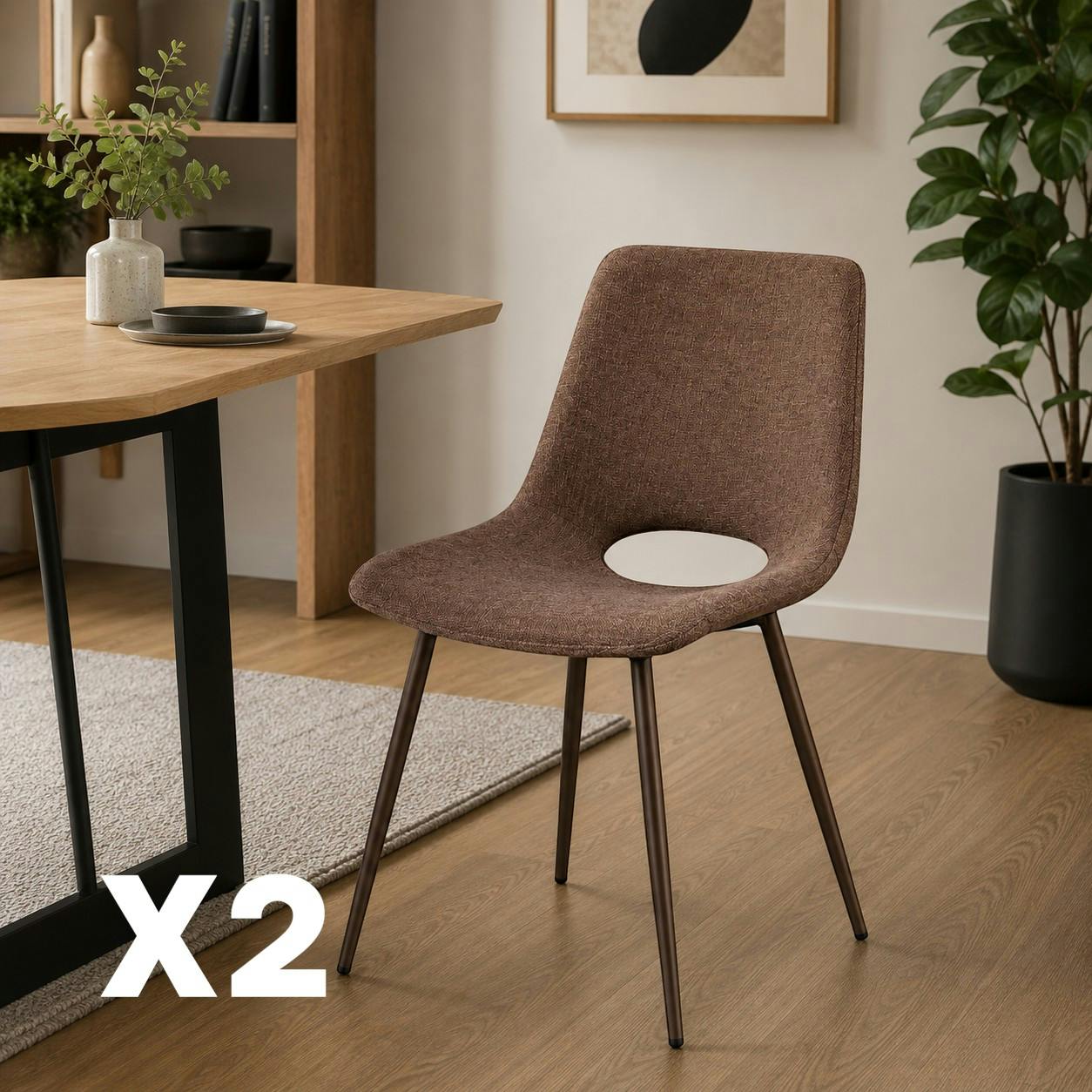 Chaise tissu marron à dossier ouvert (lot de 2) LORA