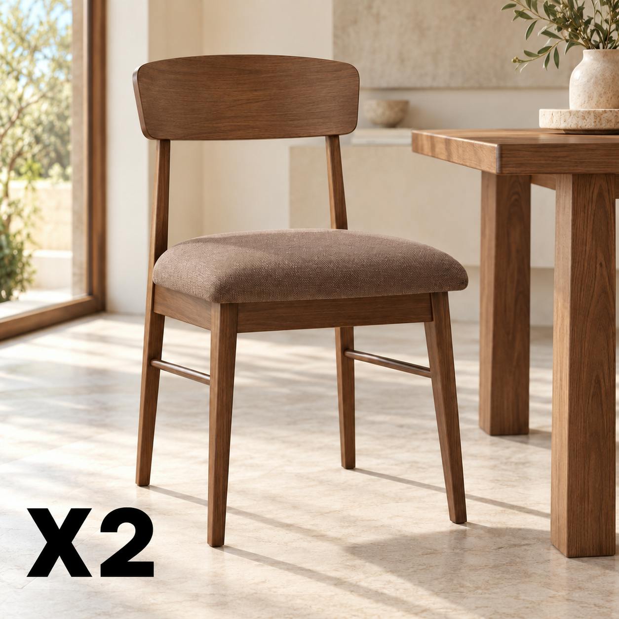 Chaise tissu marron décor bois de noyer (lot de 2) ORBE