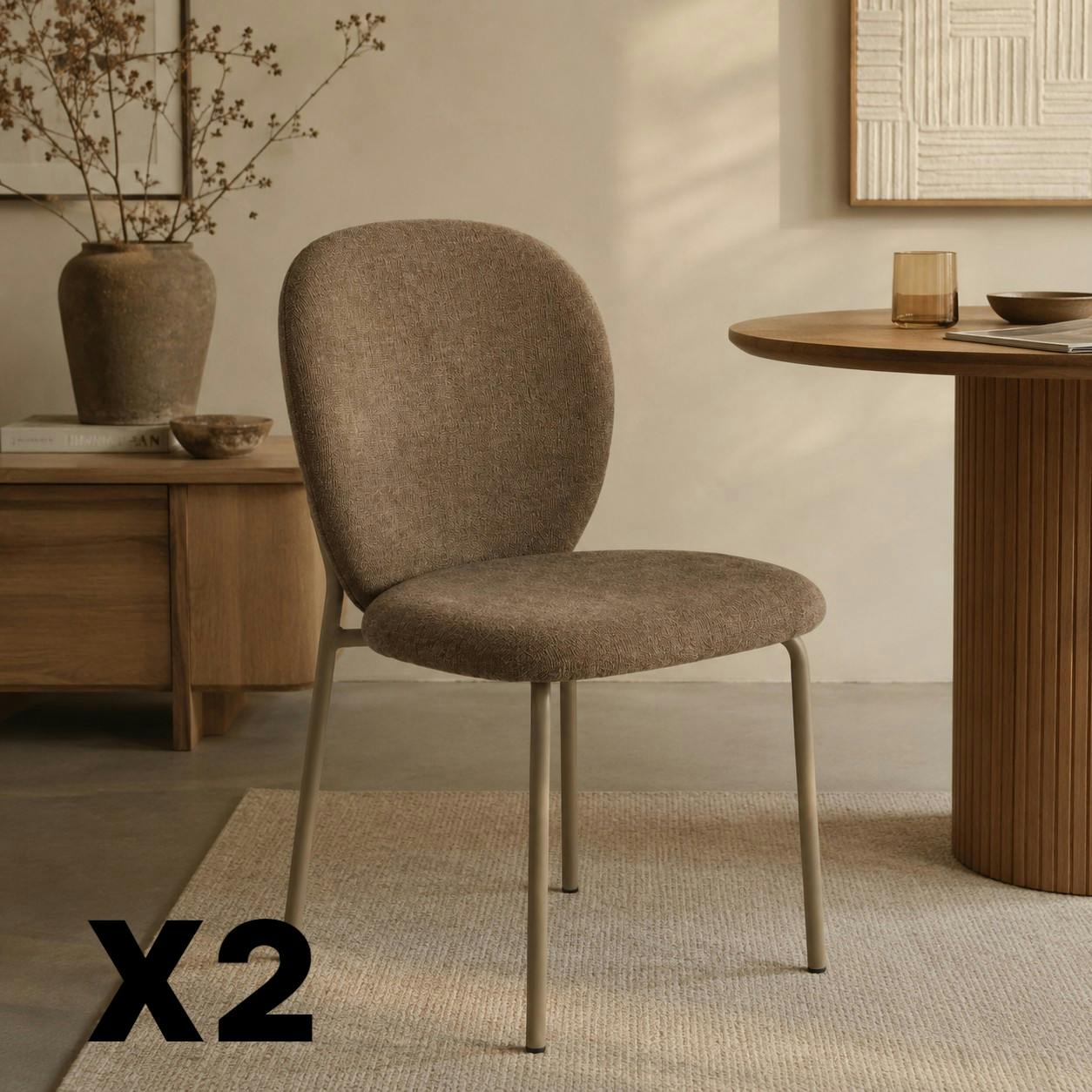 Chaise tissu marron design arrondi (lot de 2) LORA