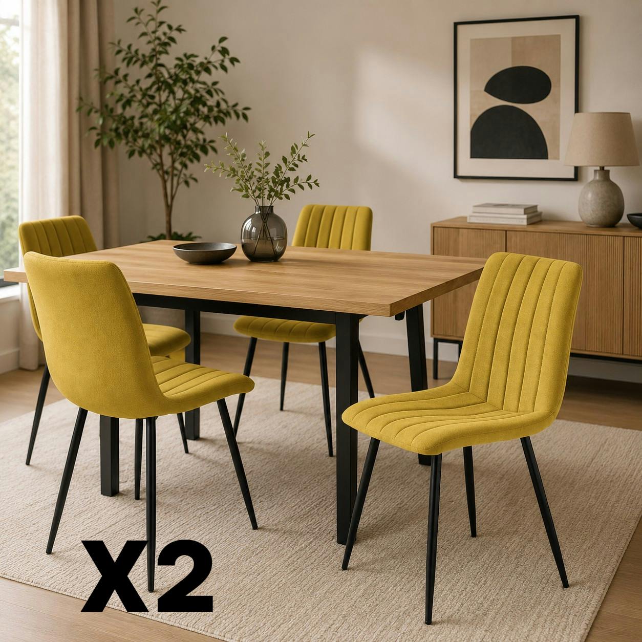 Chaise tissu moutarde à coutures verticales (lot de 2) LORA