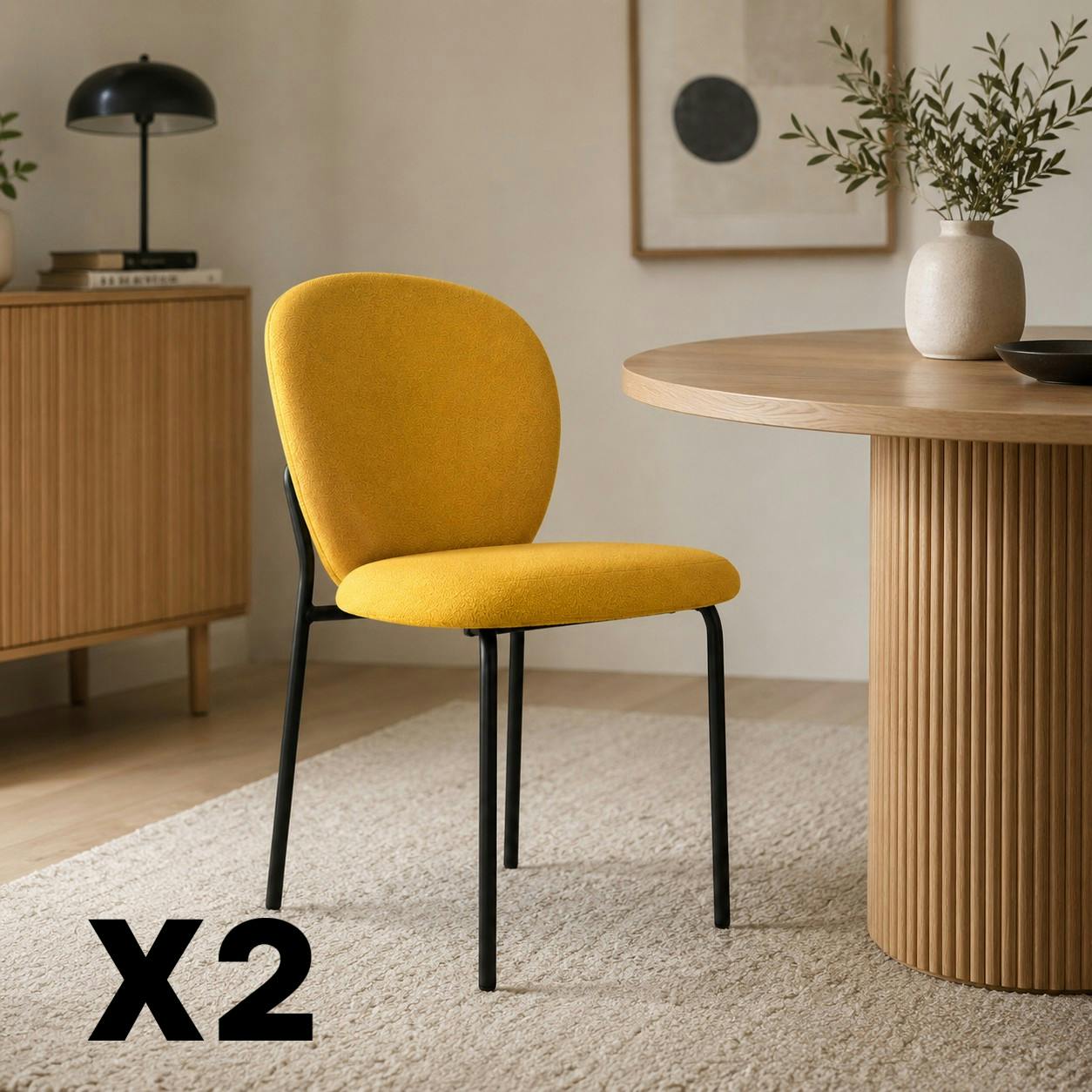 Chaise tissu moutarde design arrondi (lot de 2) LORA