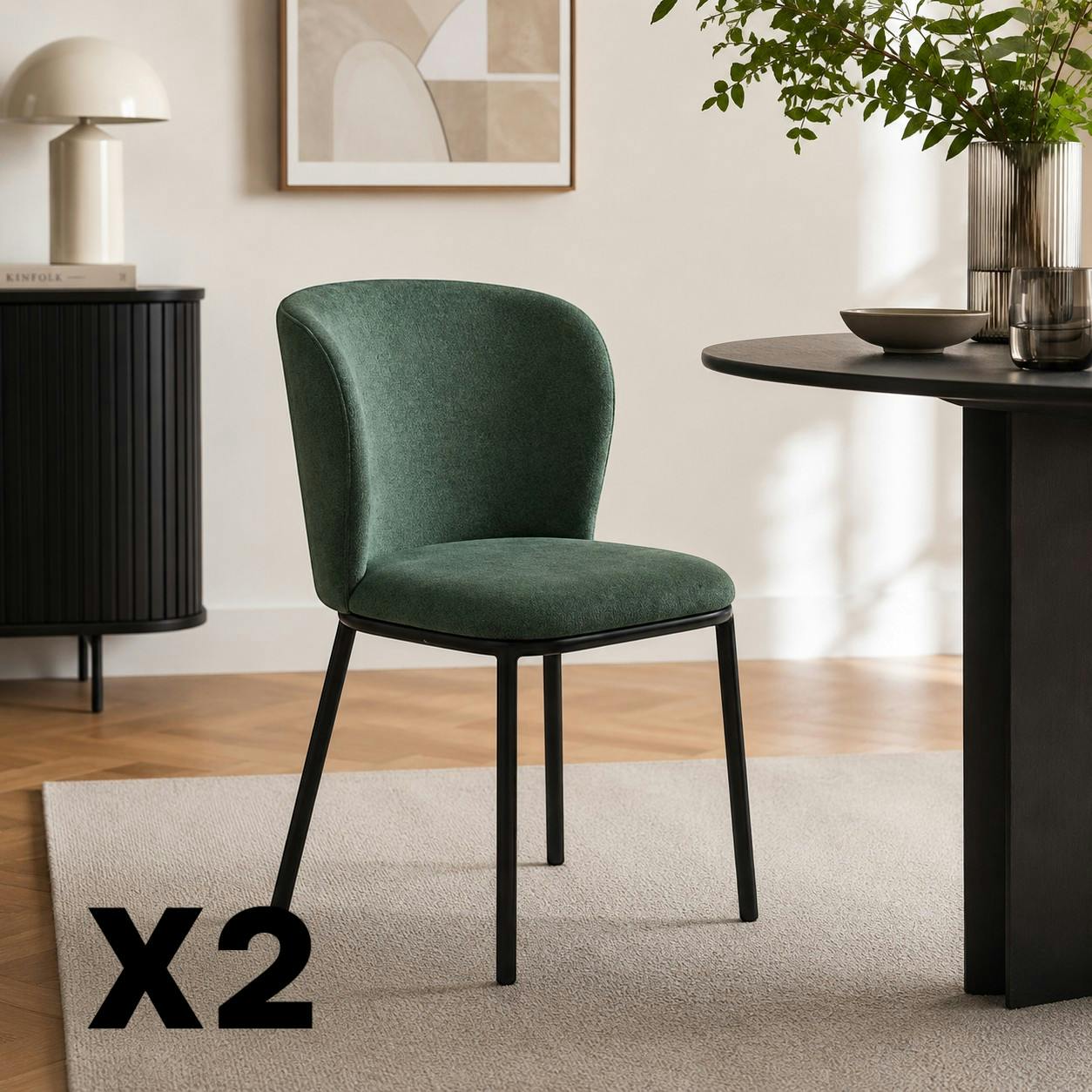 Chaise tissu vert dossier courbe (x2) AUREN