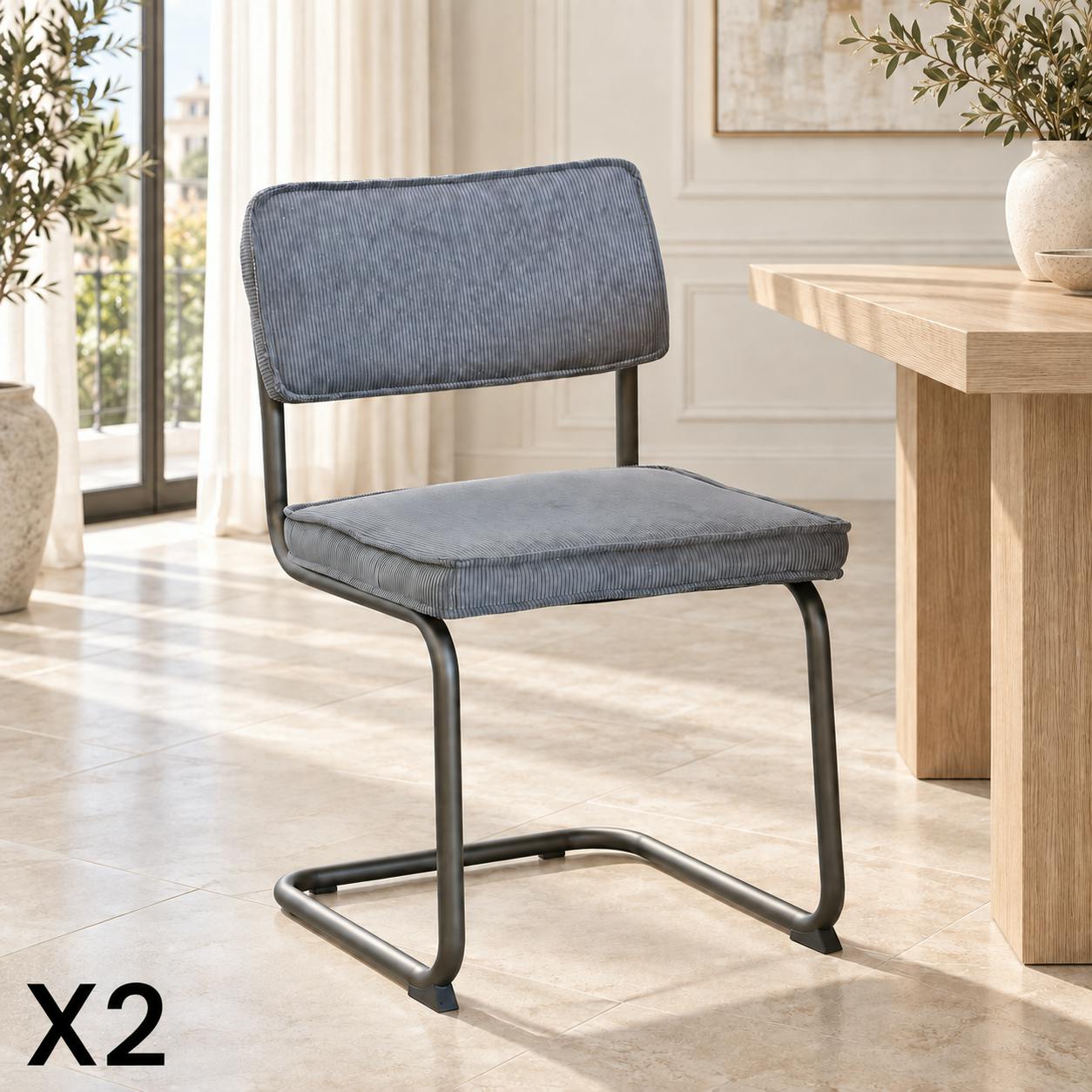 Chaise velours gris piètement luge (lot de 2) MALMOE