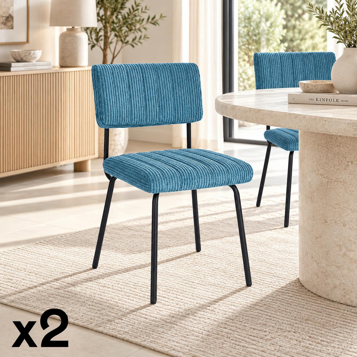 Chaise velours grosses côtes bleu pétrole (lot de 2) IENA