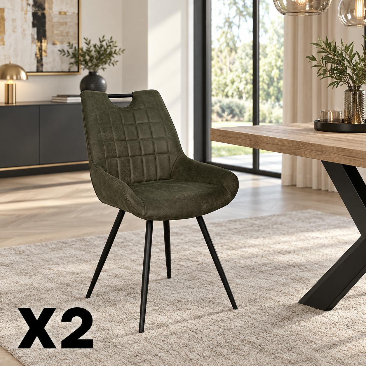 Chaise vert foncé effet vieilli à poignée intégrée (lot de 2) MALMOE