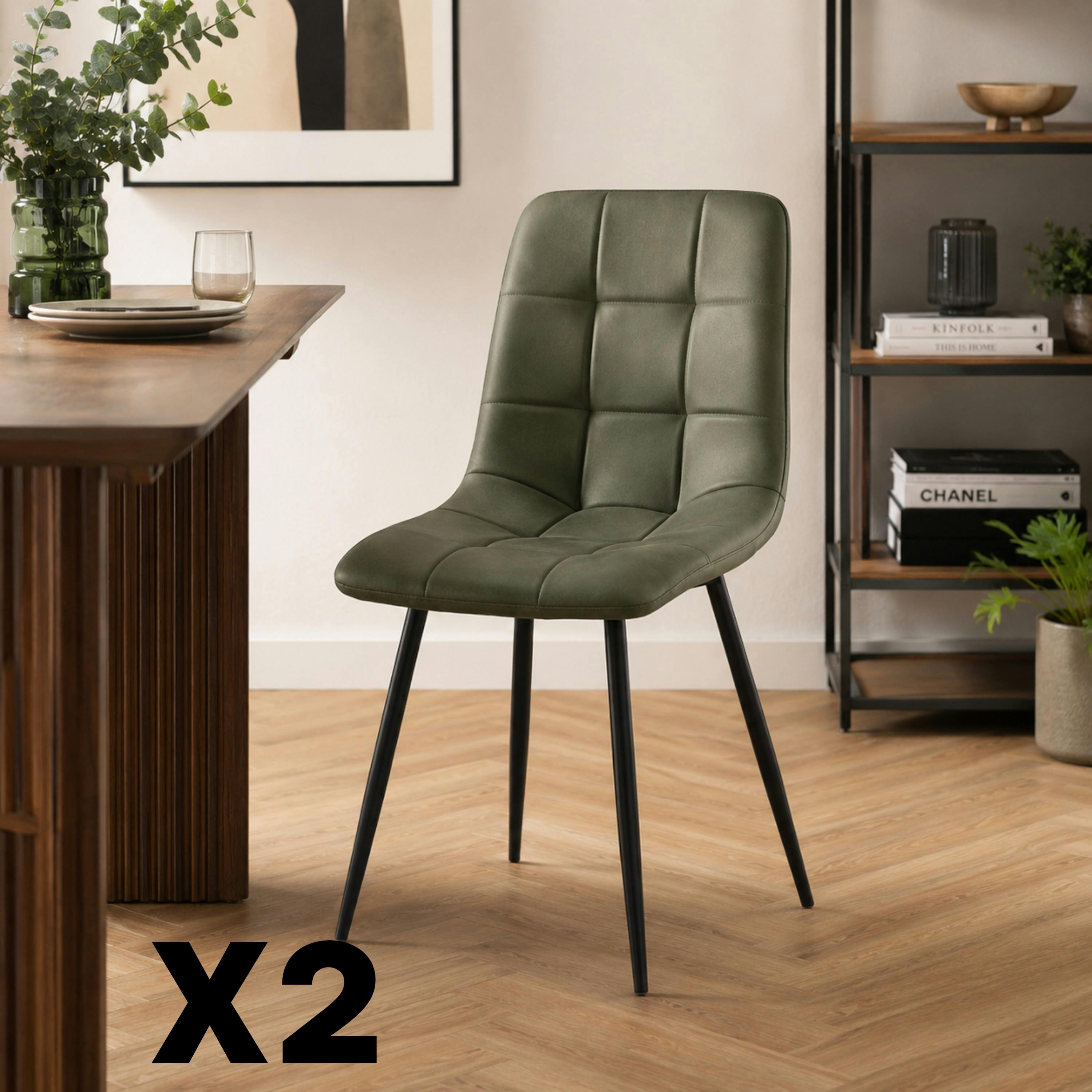 Chaise vert olive motif damier (lot de 2) LORA