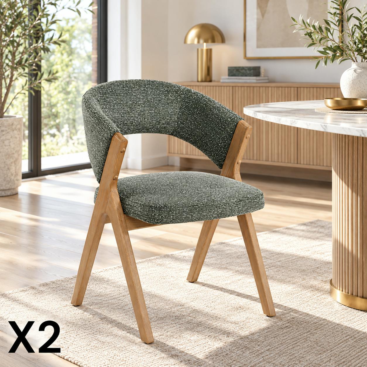Chaise verte bois et tissu, forme ronde (lot de 2) AGADE