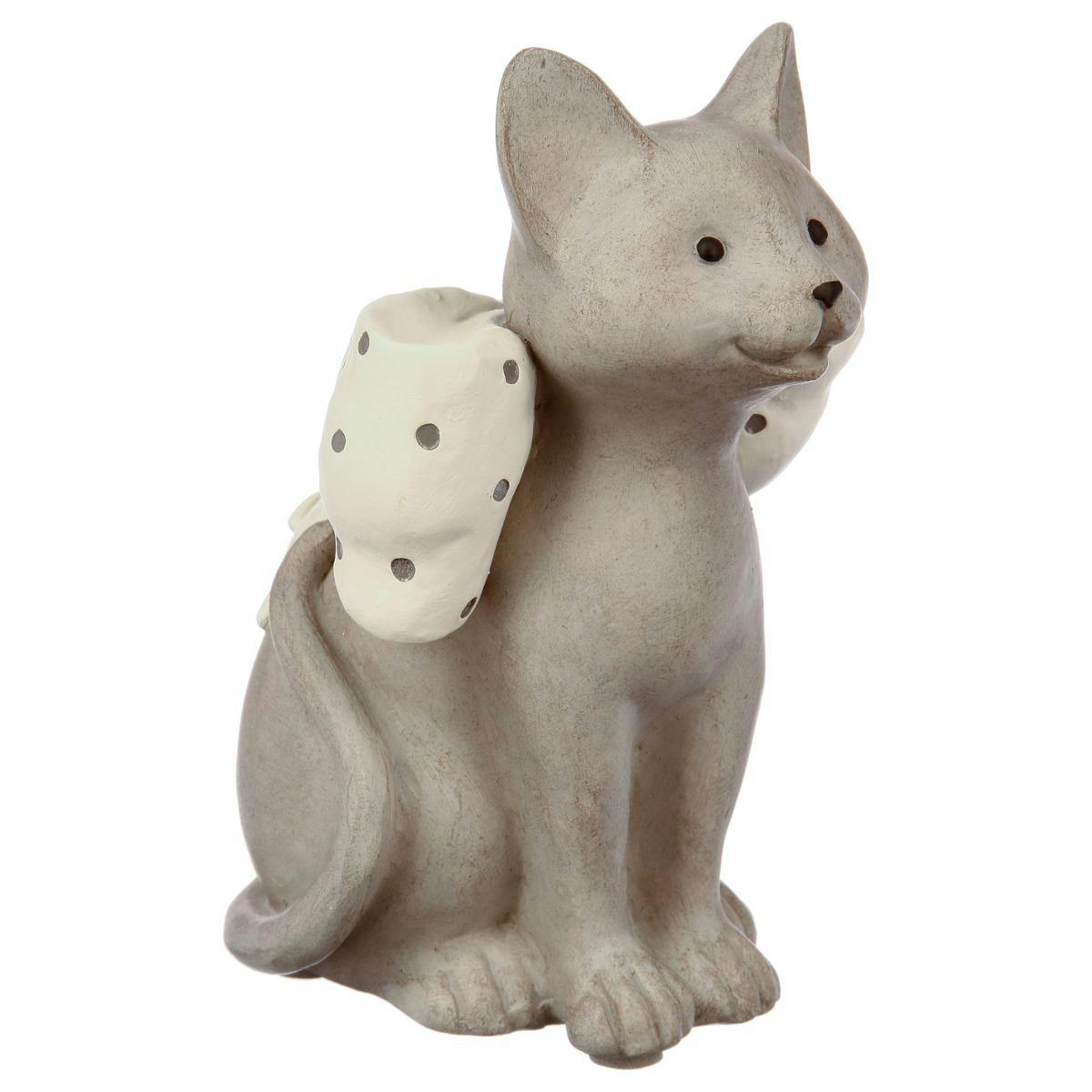 Chat avec son noeud sur le dos en résine beige effet vieilli 10x835x14cm