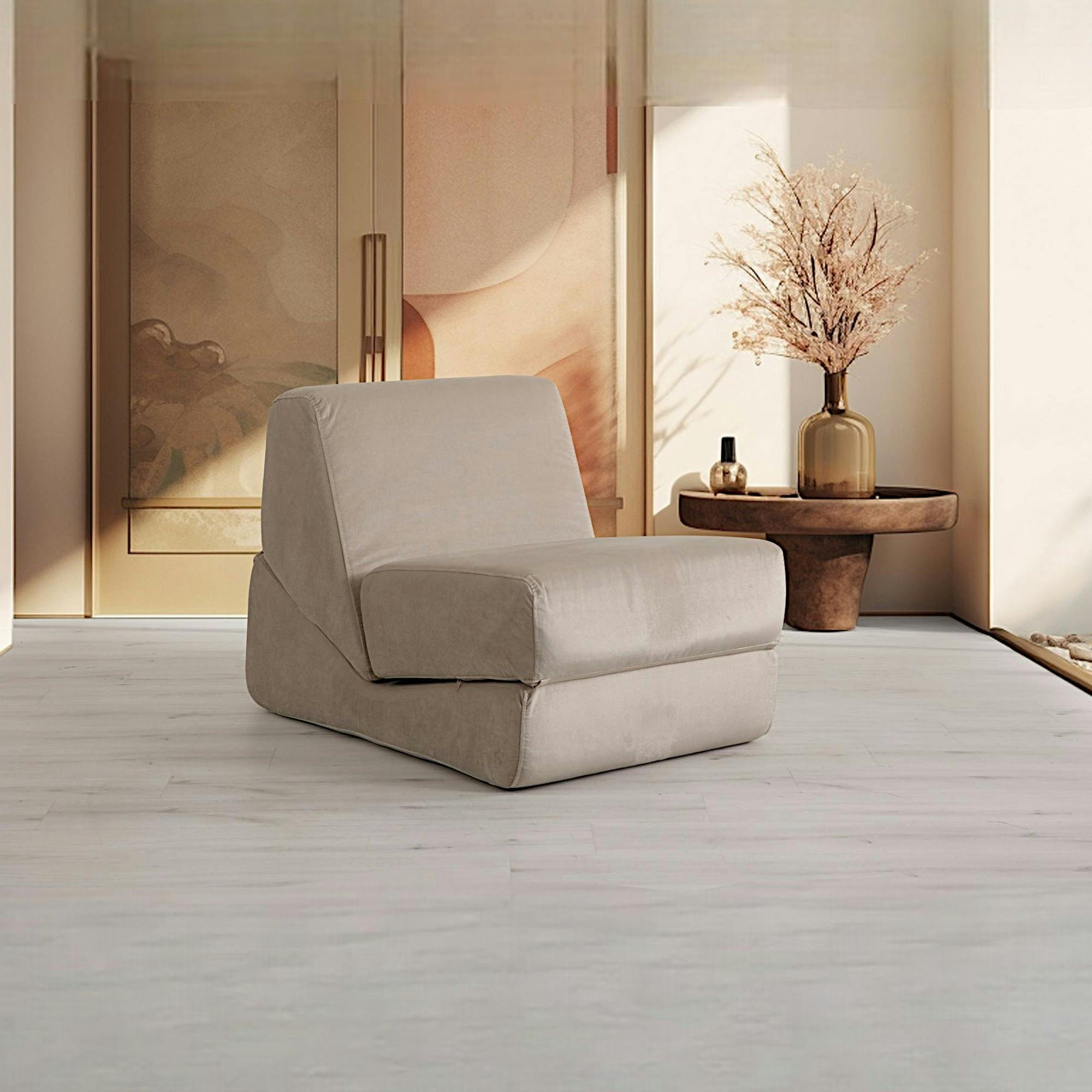 Chauffeuse convertible beige velours, lit d'appoint SAPPO