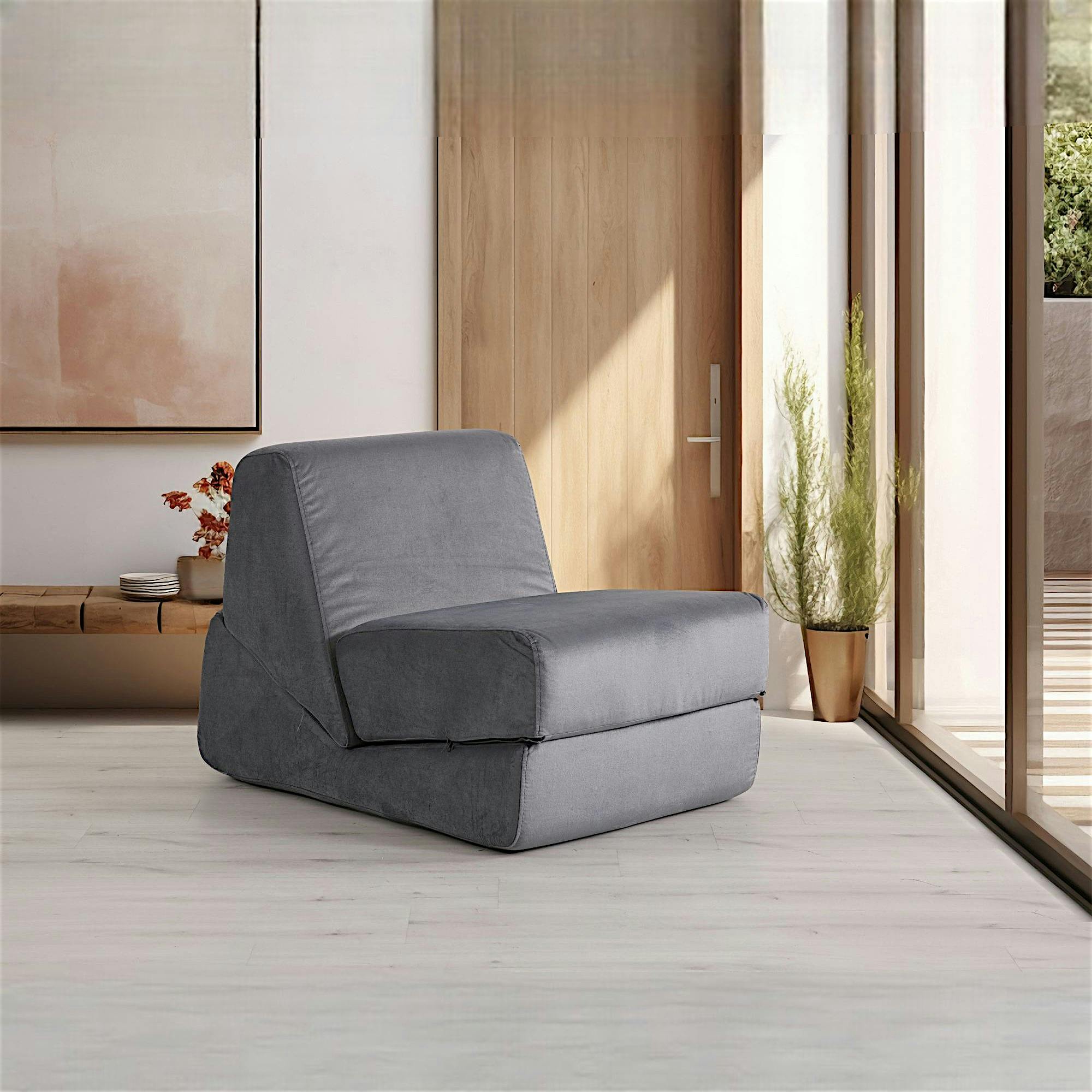 Chauffeuse convertible gris orage velours, lit d'appoint SAPPO