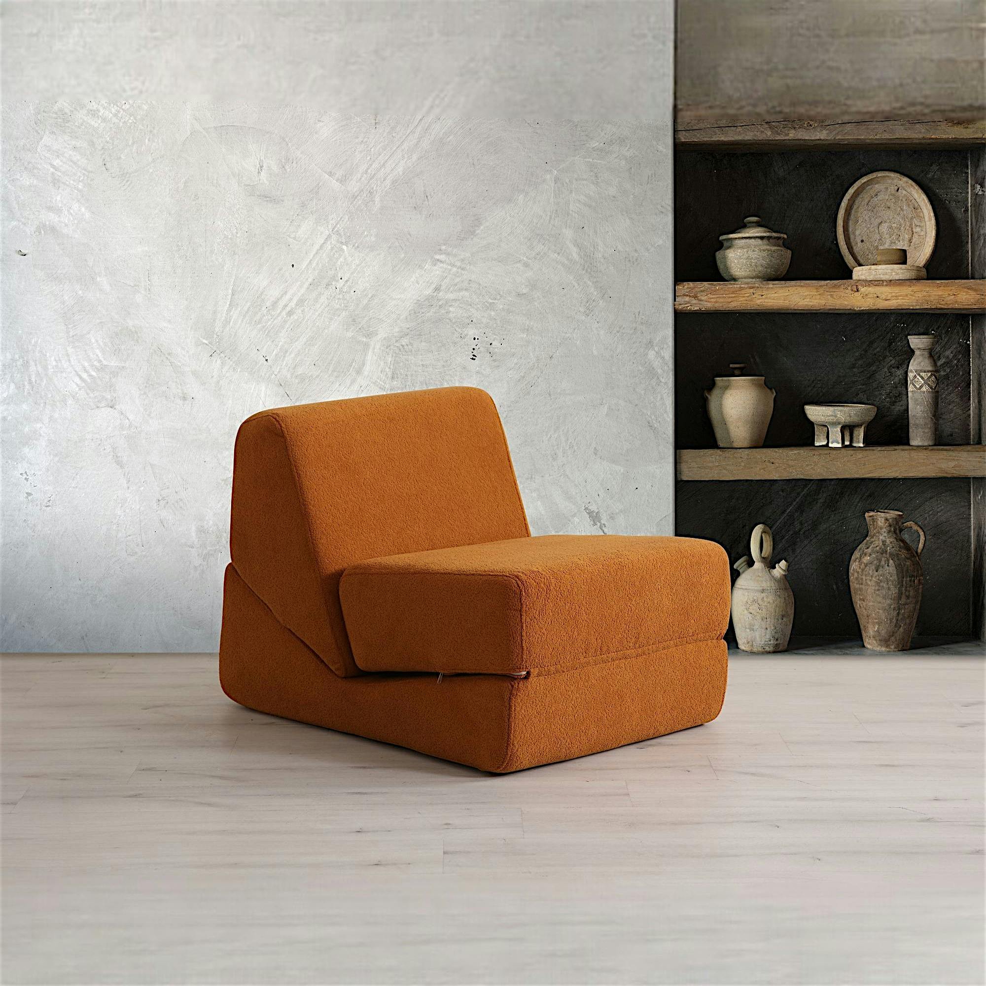 Chauffeuse convertible rouille bouclette, lit d'appoint SAPPO