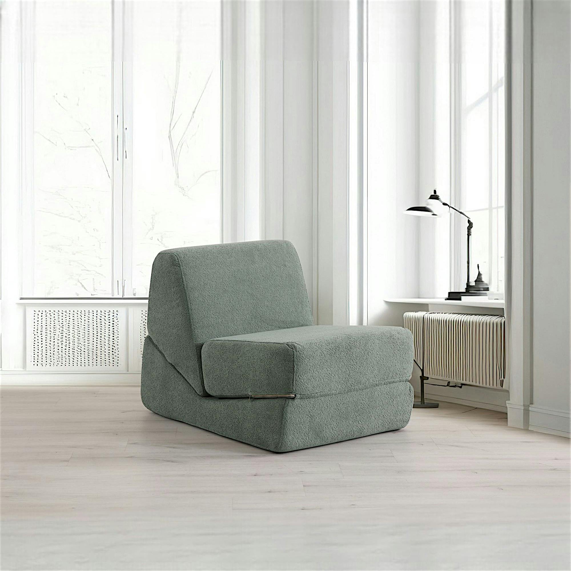 Chauffeuse convertible verte bouclette, lit d'appoint SAPPO