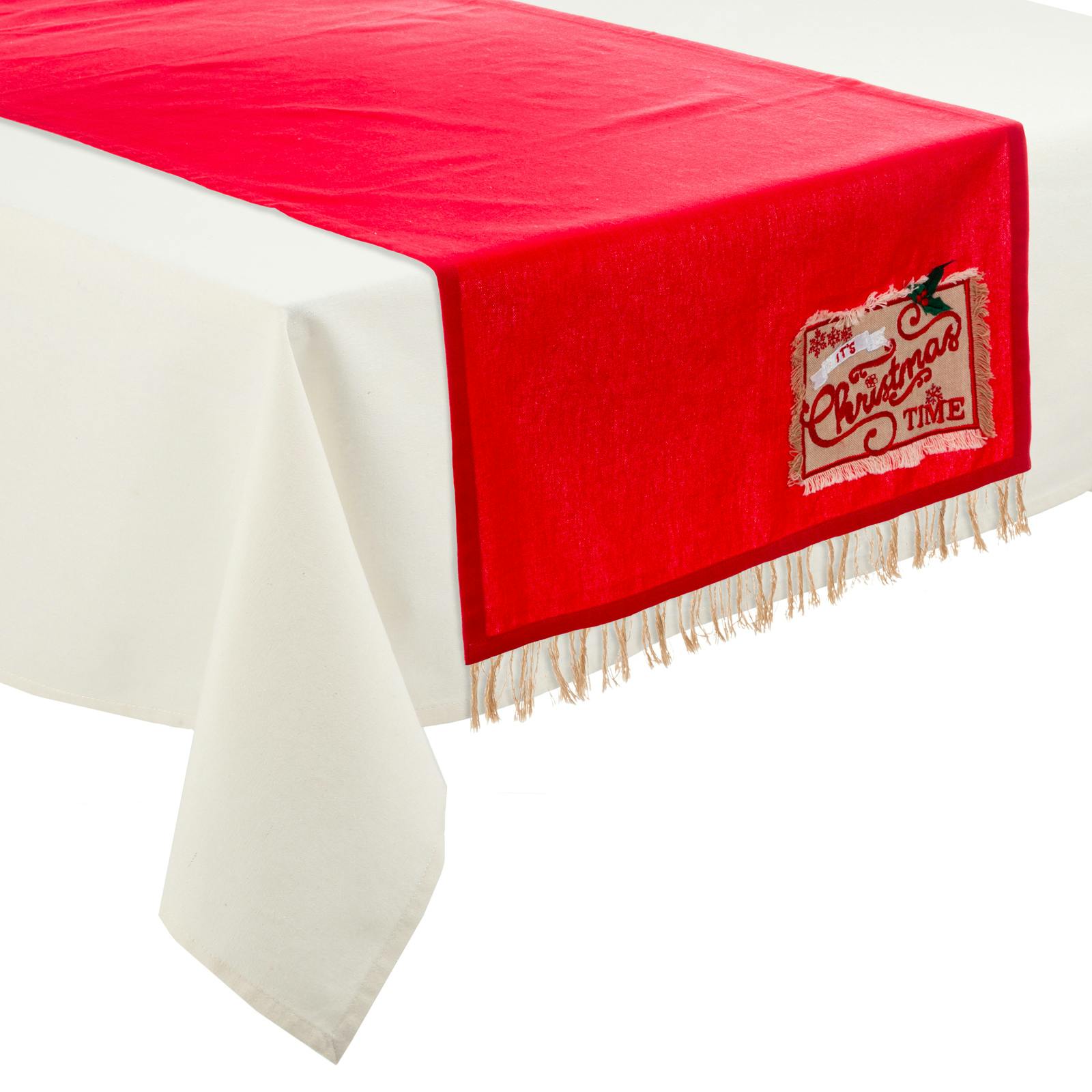 Chemin de table rouge avec timbre de Noël