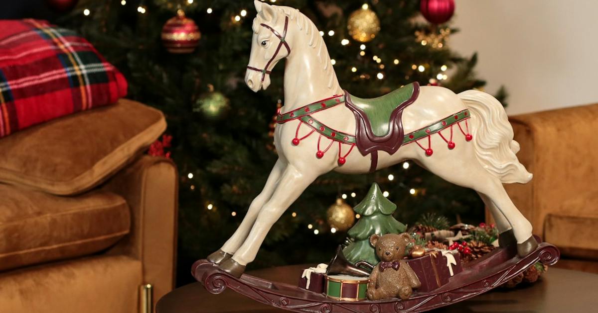 Figurine Cheval à Bascule Gris Doré - Décoration De Noël En Bois 18 Cm - Idéal Pour Maison Et Cadeau