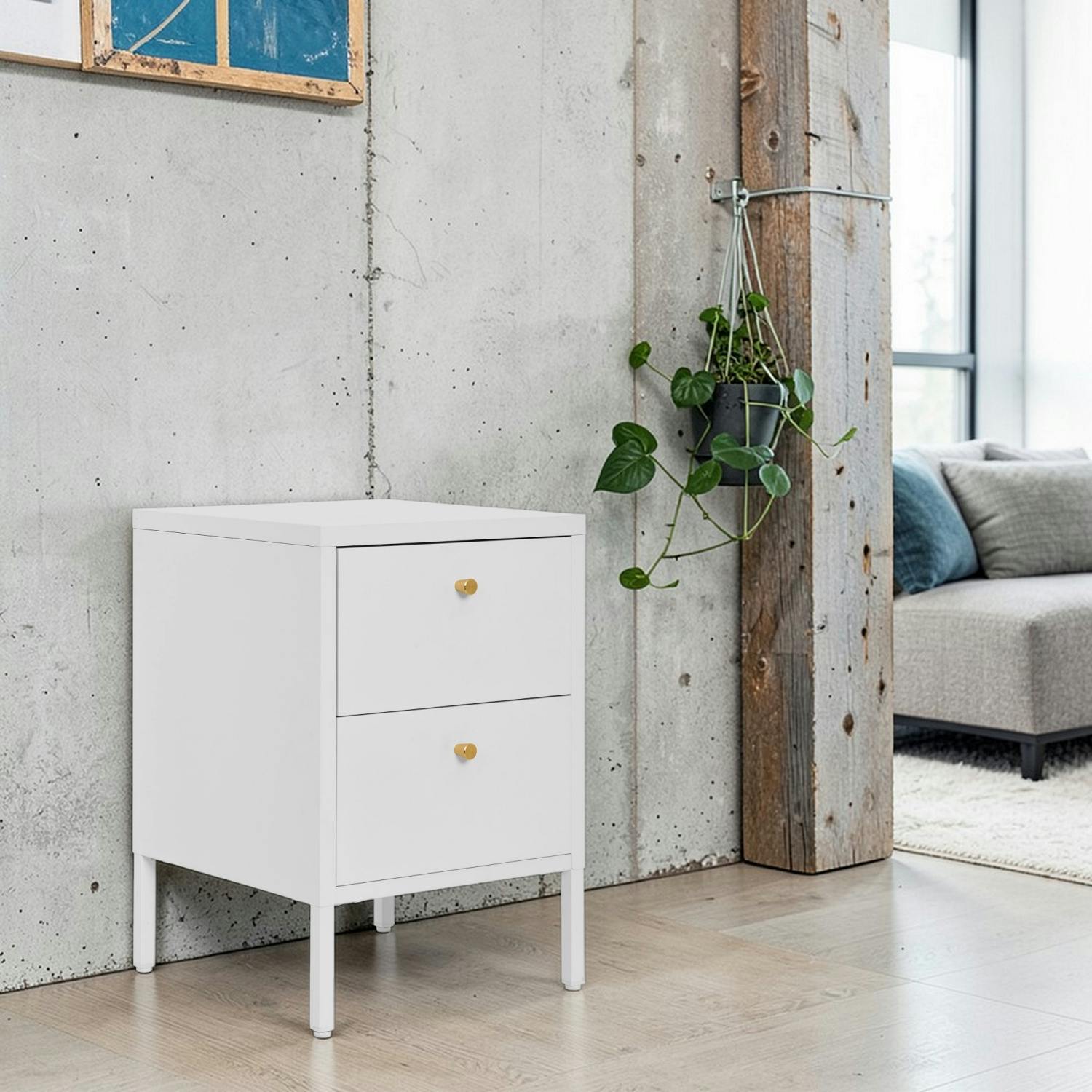 Chevet 2 tiroirs métal blanc poignées dorées ODENSE