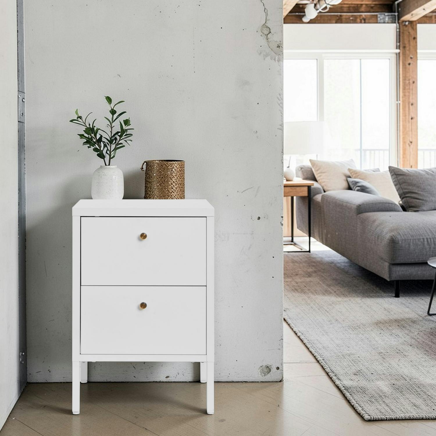 Chevet 2 tiroirs métal blanc poignées dorées ODENSE