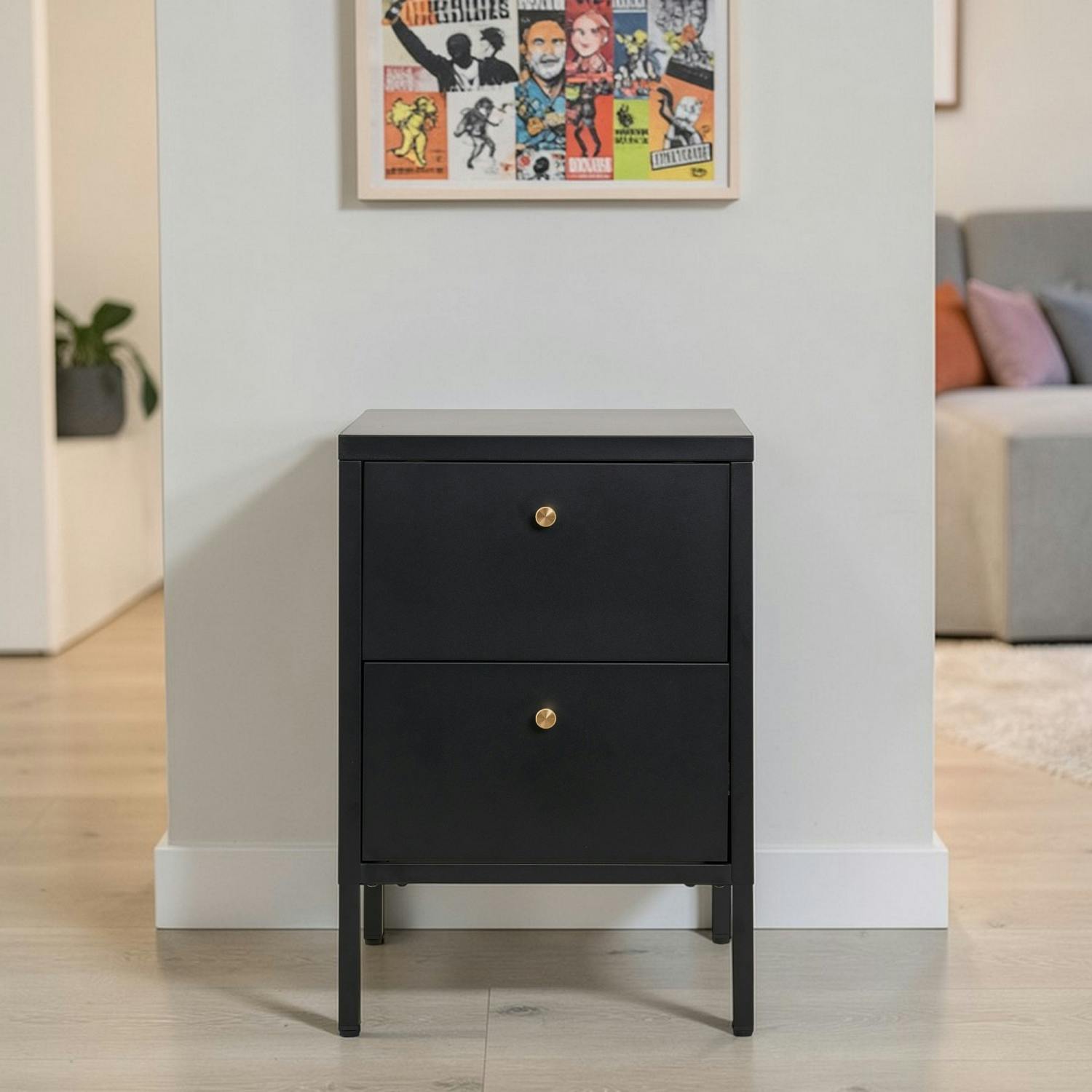 Chevet 2 tiroirs métal noir poignées dorées ODENSE