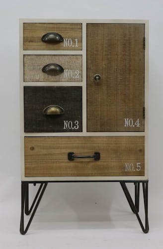 Chiffonnier 4 tiroirs, 1 porte, bois en Patchwork de couleurs et d'effets et pieds métal en épingle 48x32,5x80,5cm LAZURO