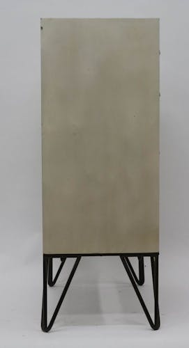 Chiffonnier 4 tiroirs, 1 porte, bois en Patchwork de couleurs et d'effets et pieds métal en épingle 48x32,5x80,5cm LAZURO