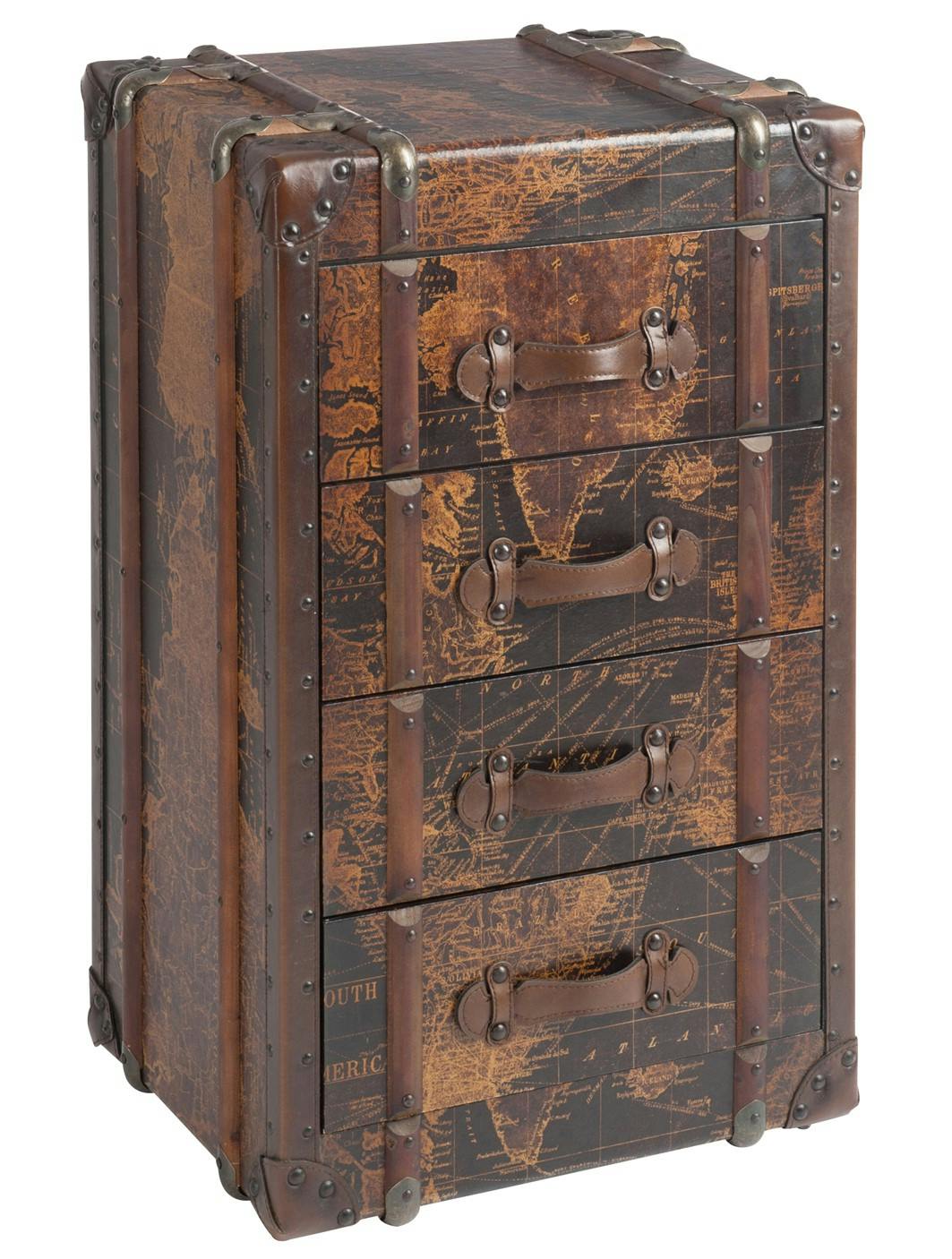 Chiffonnier 4 tiroirs bois marron, motif carte du monde - 52x52x85cm