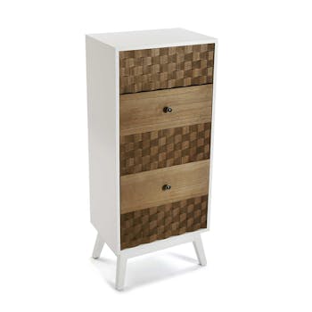 Chiffonnier 5 tiroirs en bois blanc et tiroirs motif Patchwork 47x32x108cm HOSSEGOR