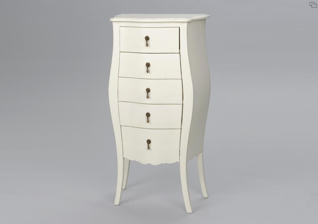 Chiffonnier baroque romantique Blanc cassé patiné 5 tiroirs MURANO L 55 x P 35 x  H 110 AMADEUS