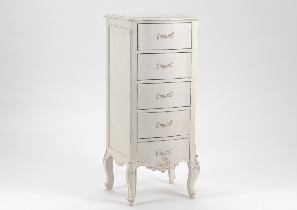 Chiffonnier bois blanc romantique 5 tiroirs LOUISE L 50 x P 40 x  H 110 AMADEUS