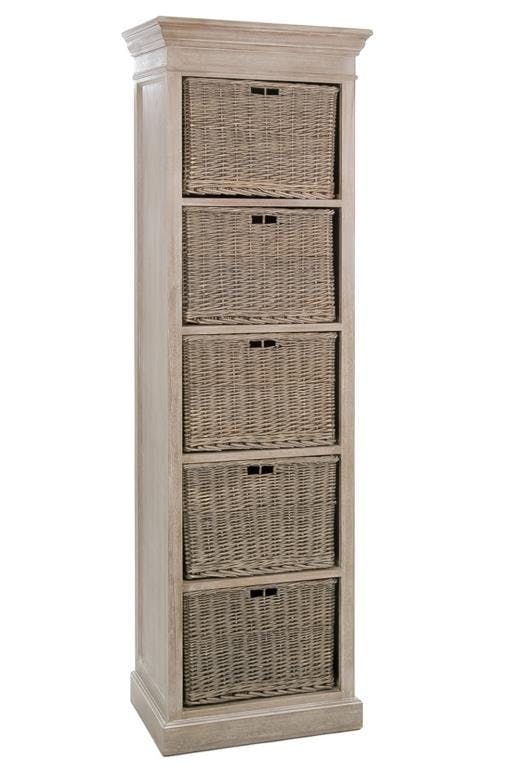 Chiffonnier bois naturel patiné grisé blanchi 5 paniers amovibles L59xP40xH194cm PAOLIA