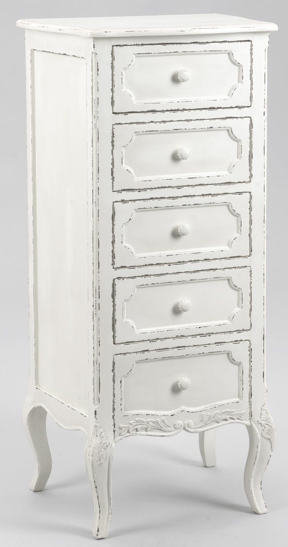 Chiffonnier bois vieilli blanc shabby romantique 5 tiroirs COMTESSE L 50 x P 40 x  H 110 AMADEUS