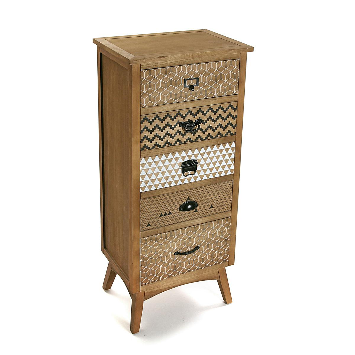 Chiffonnier Commode en pin 5 tiroirs décorés 49x35x109cm GRAFT