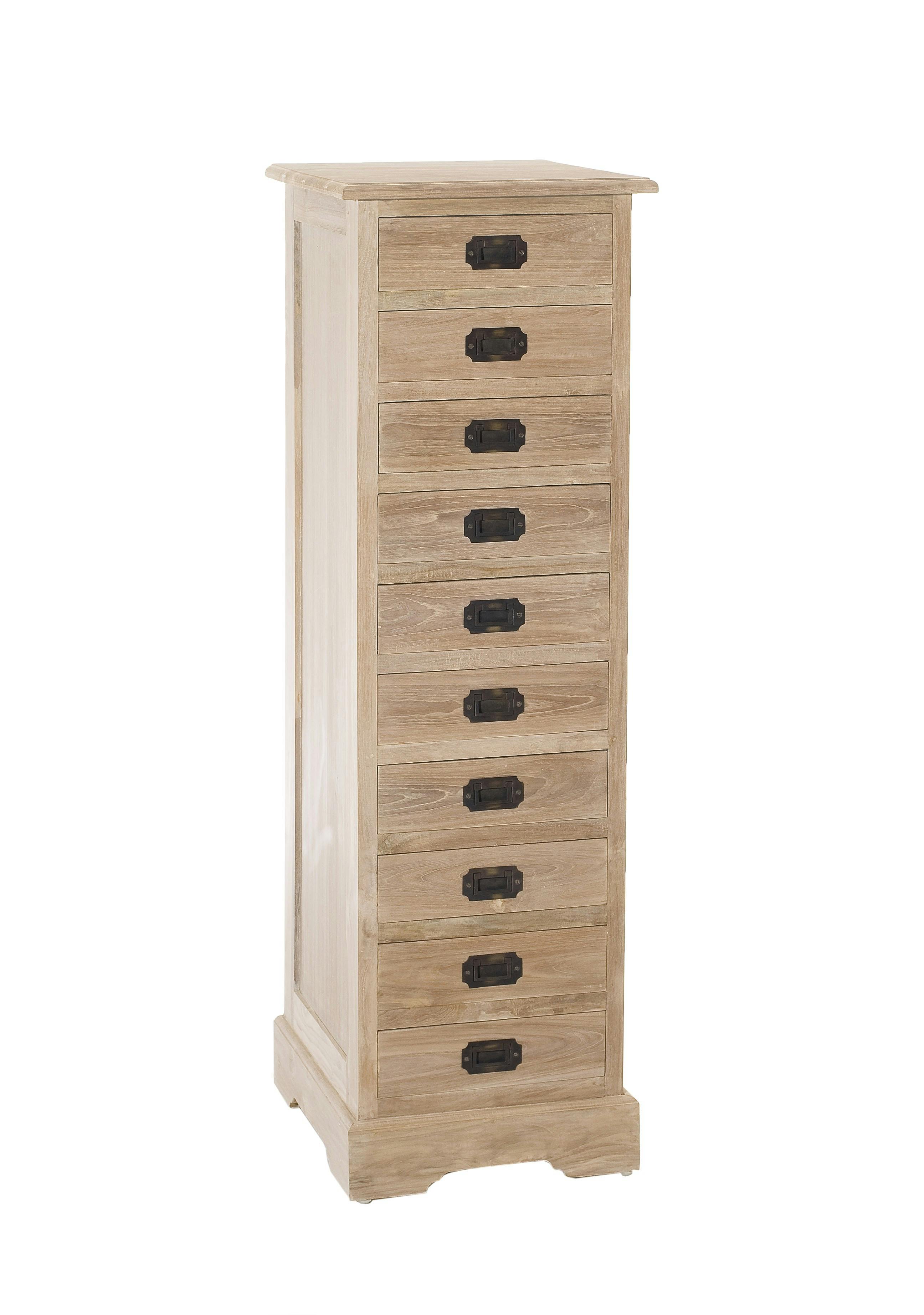 Chiffonnier étroit colonial 10 tiroirs teck blanchi DIANE