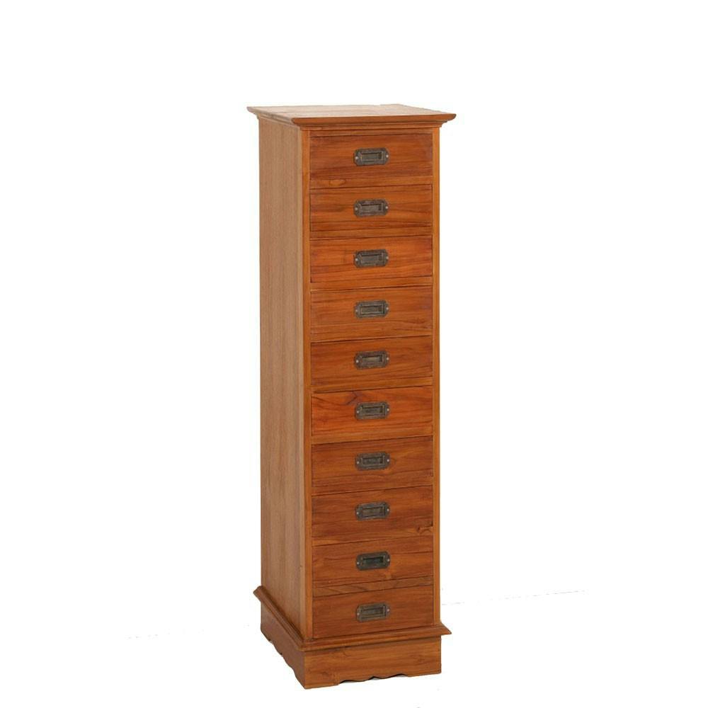 Chiffonnier étroit colonial 10 tiroirs teck miel BISHO