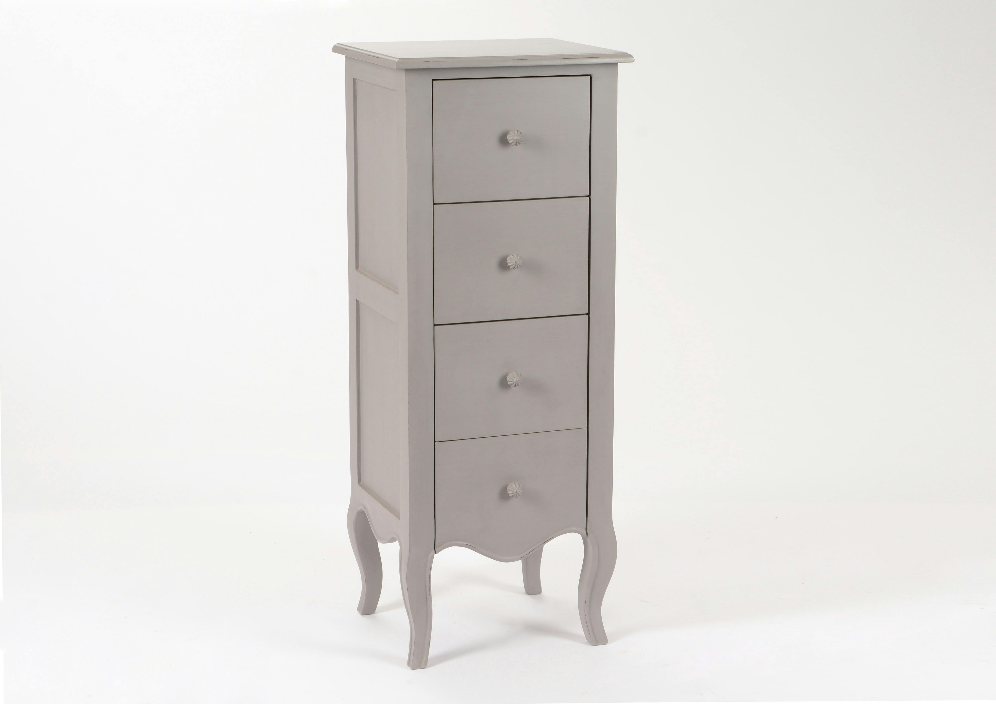 Chiffonnier romantique en bois patiné gris 4 tiroirs MERVEILLE L40XP35XH100cm AMADEUS
