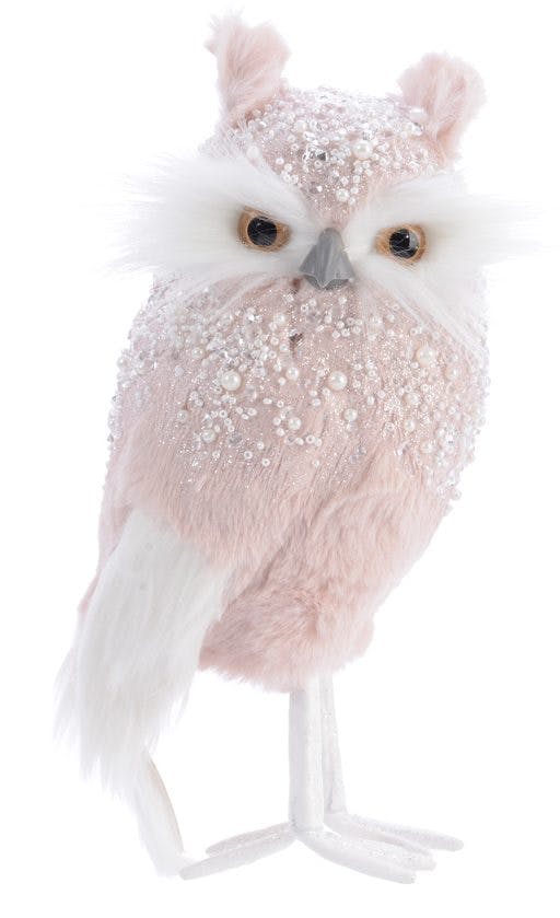Chouette rose avec plumes à paillettes 25cm