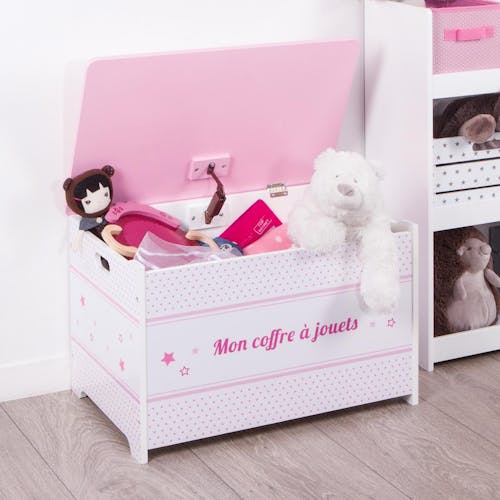 Coffre à jouets en bois blanc et rose
