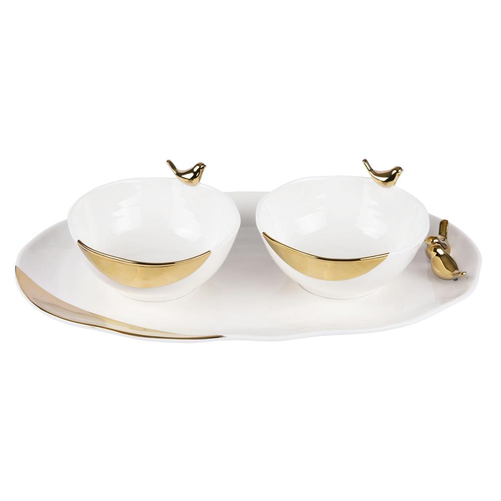 Coffret 2 bols sur plat oiseaux dorés