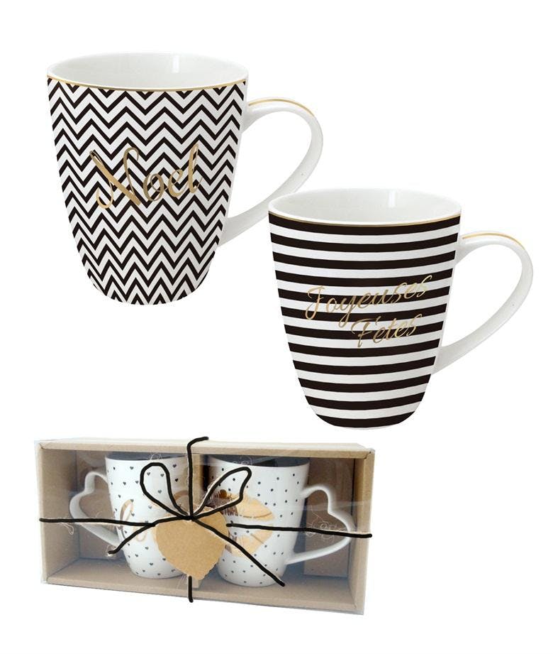 Coffret 2 mugs en porcelaine blanc imprimé noir H10cm