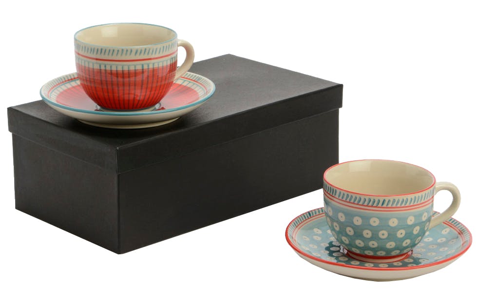 Coffret 2 tasses et sous-tasses décor exotique