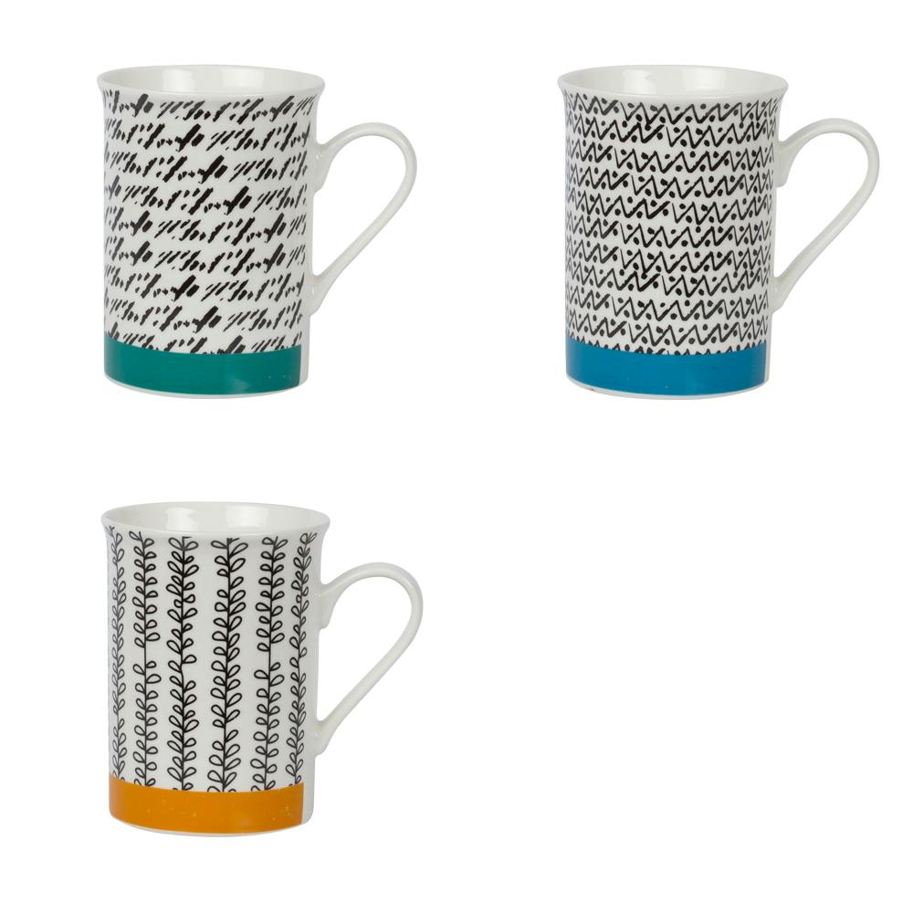 Coffret 4 mugs à anse bande coloré et graphisme noir et blanc 34cl