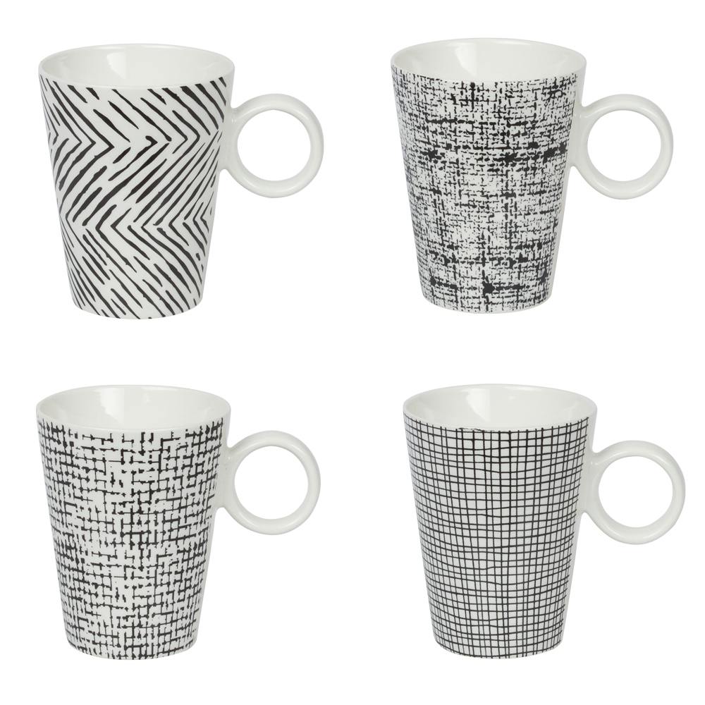 Coffret 4 mugs à anse décor graphique noir et blanc 34cl