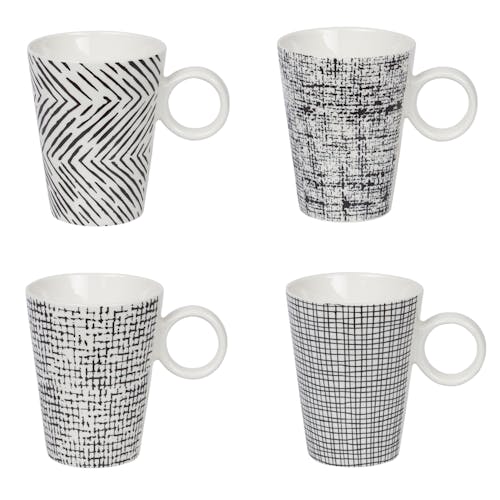 Coffret 4 mugs à anse décor graphique noir et blanc 34cl