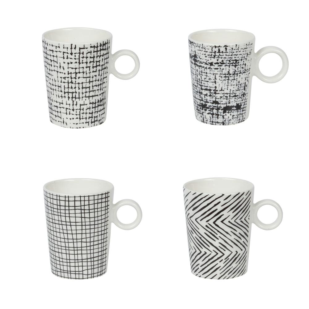 Coffret 4 tasses à anse décor graphique noir et blanc 18cl