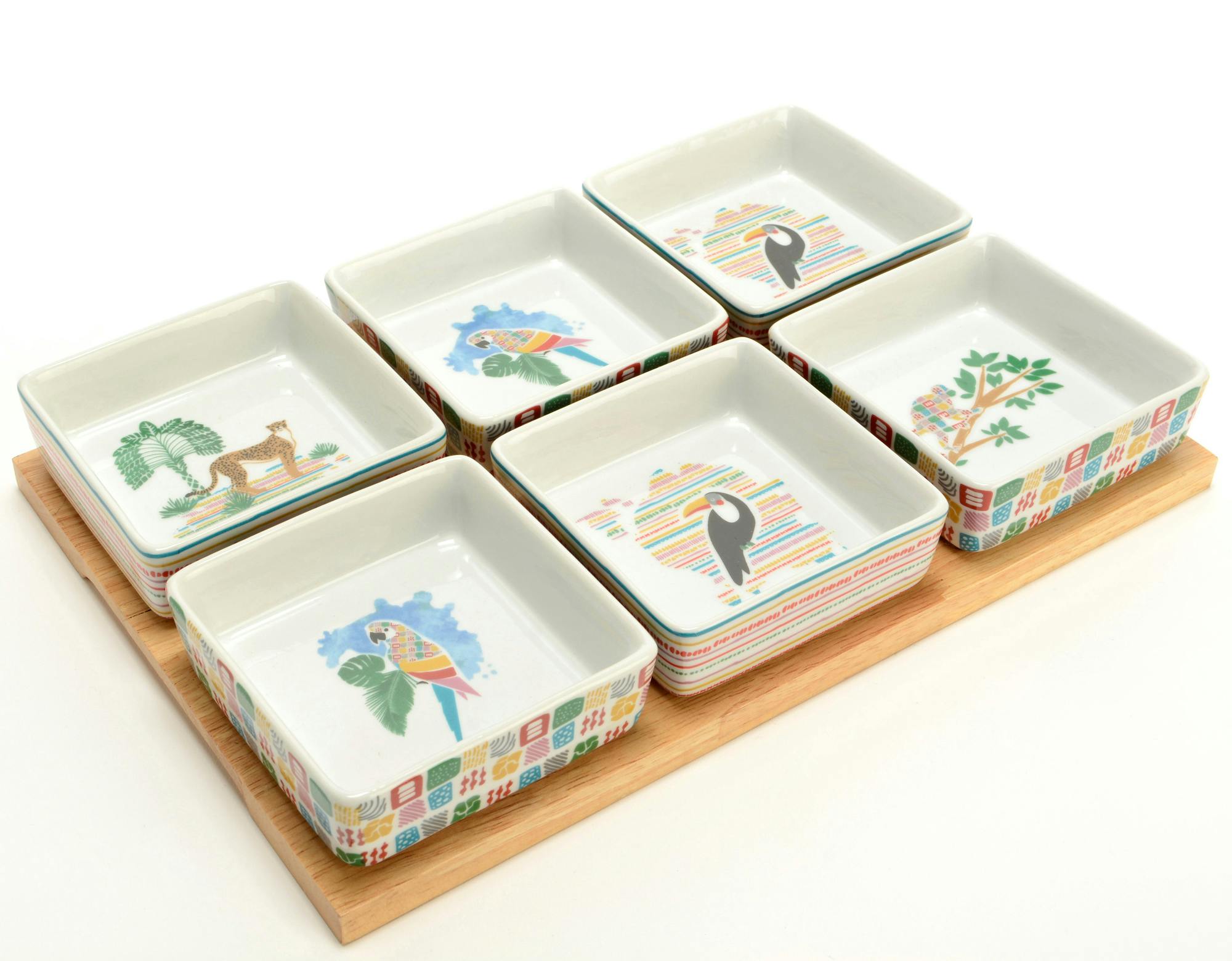 Coffret 6 raviers décor jungle sur plateau bois