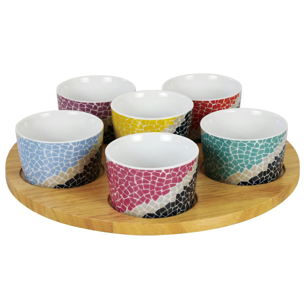 Coffret apéritif 6 coupelles décor mozaiques colorées sur plateau bois