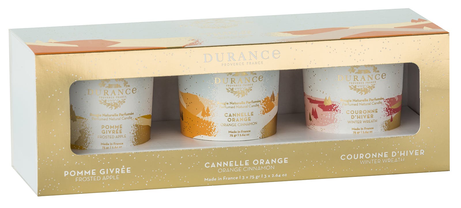 Coffret Cadeau bougies : Pomme givrée, Cannelle-Orange, Couronne d'hiver DURANCE
