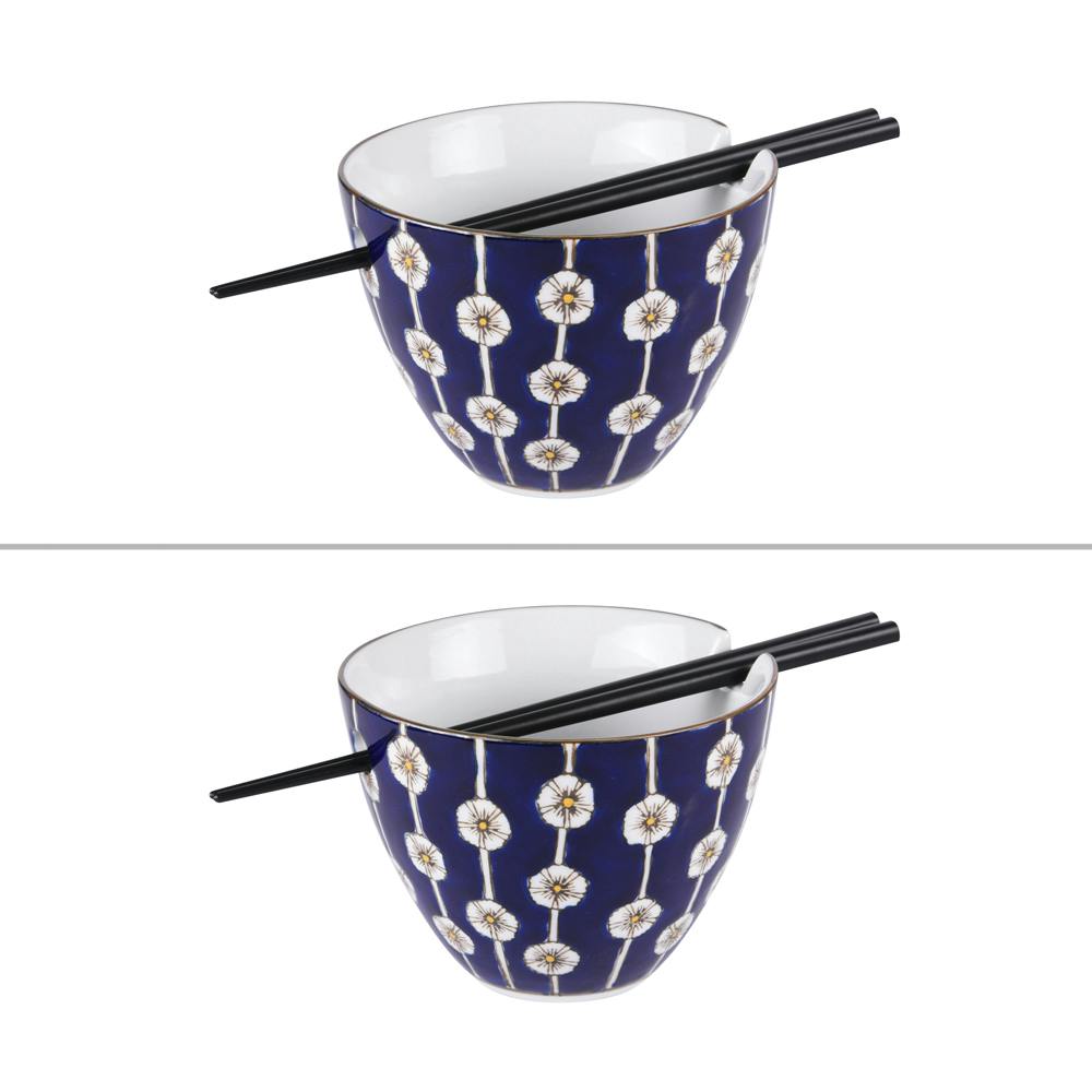 Coffret de 2 bols chinois motif fleurs + 2 paires de baguettes