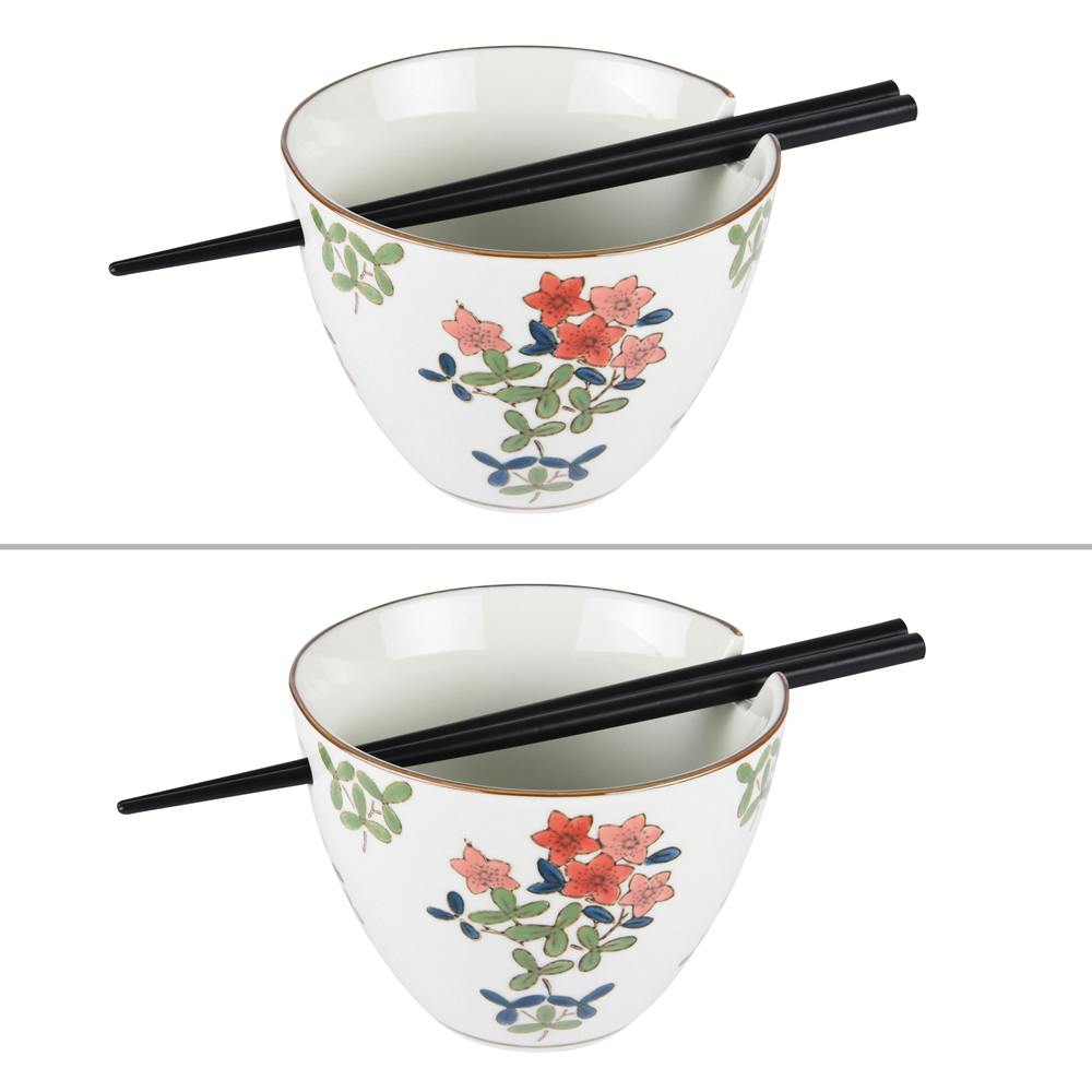 Coffret de 2 bols chinois motifs floraux + 2 paires de baguettes