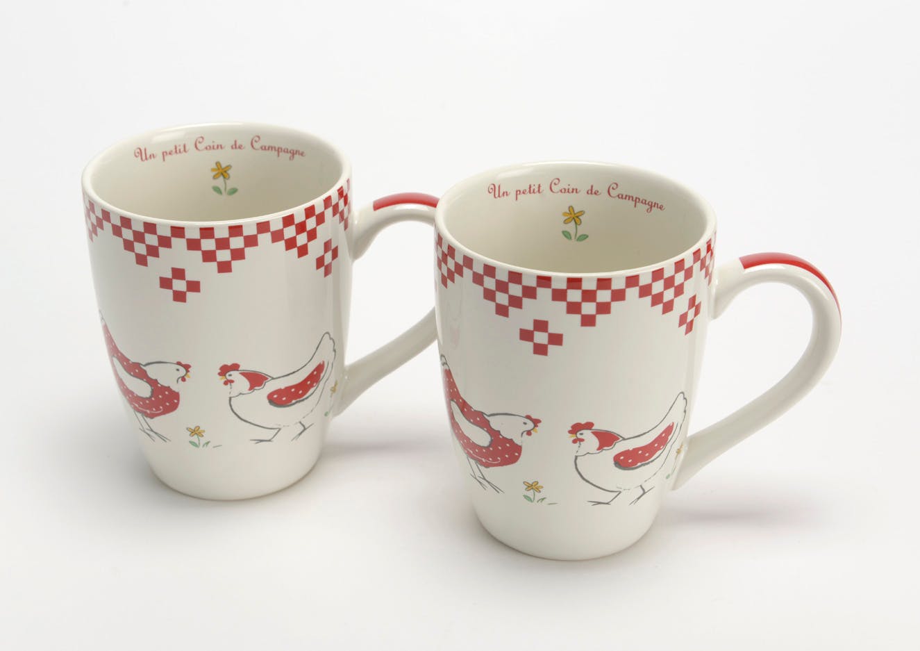 Coffret de 2 Mugs à anse Poule "Un petit Coin de Campagne" porcelaine rouge et écru